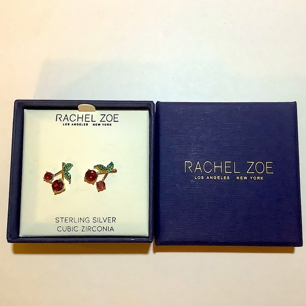 Rachel Zoe Cherry Earrings Gold Plated Sterling CZ New - Picture 2 of 2